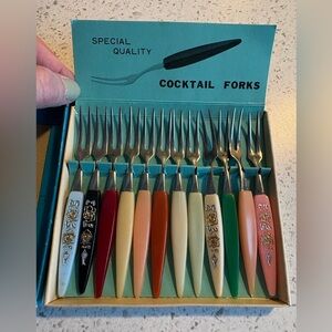 12 VTG Cocktail Forks in Various Colours and Designs Like New Original Box